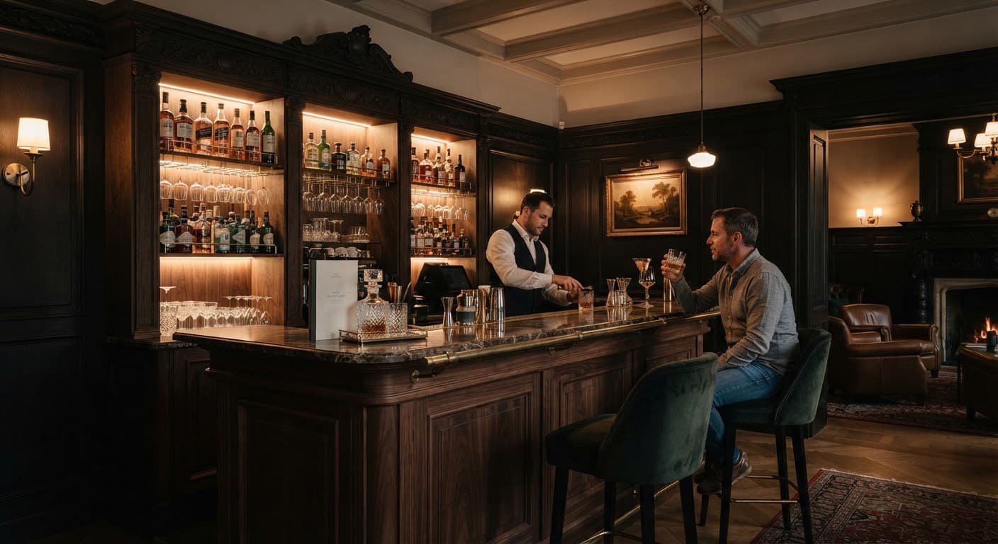 Bar-Bereich der Villa mit dunklem Holz und warm beleuchteten Regalen