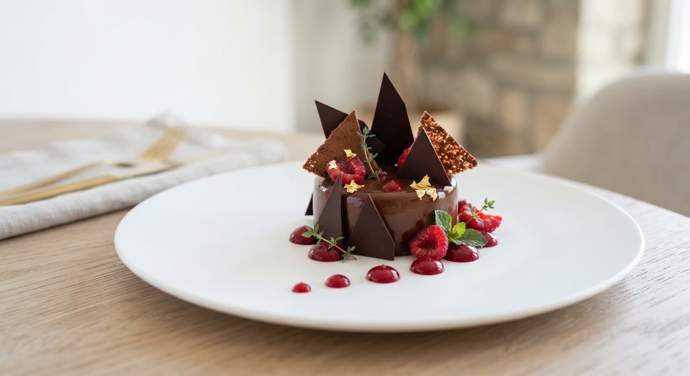 Modern angerichtetes Dessert mit Schokolade und Fruchtspiegel