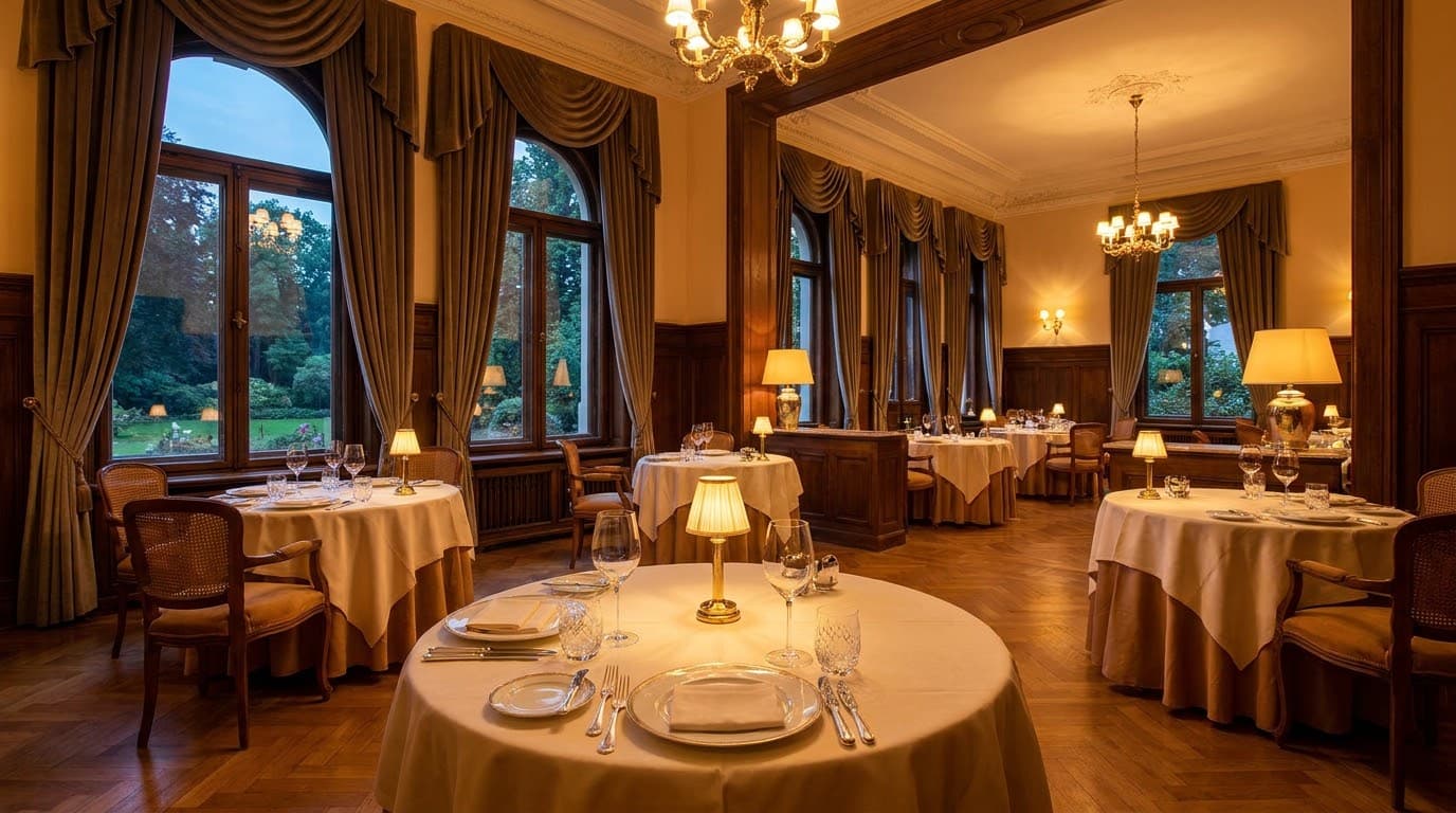 Eingedeckter Speisesaal im Restaurant Ohters, warmes Abendlicht durch hohe Villenfenster