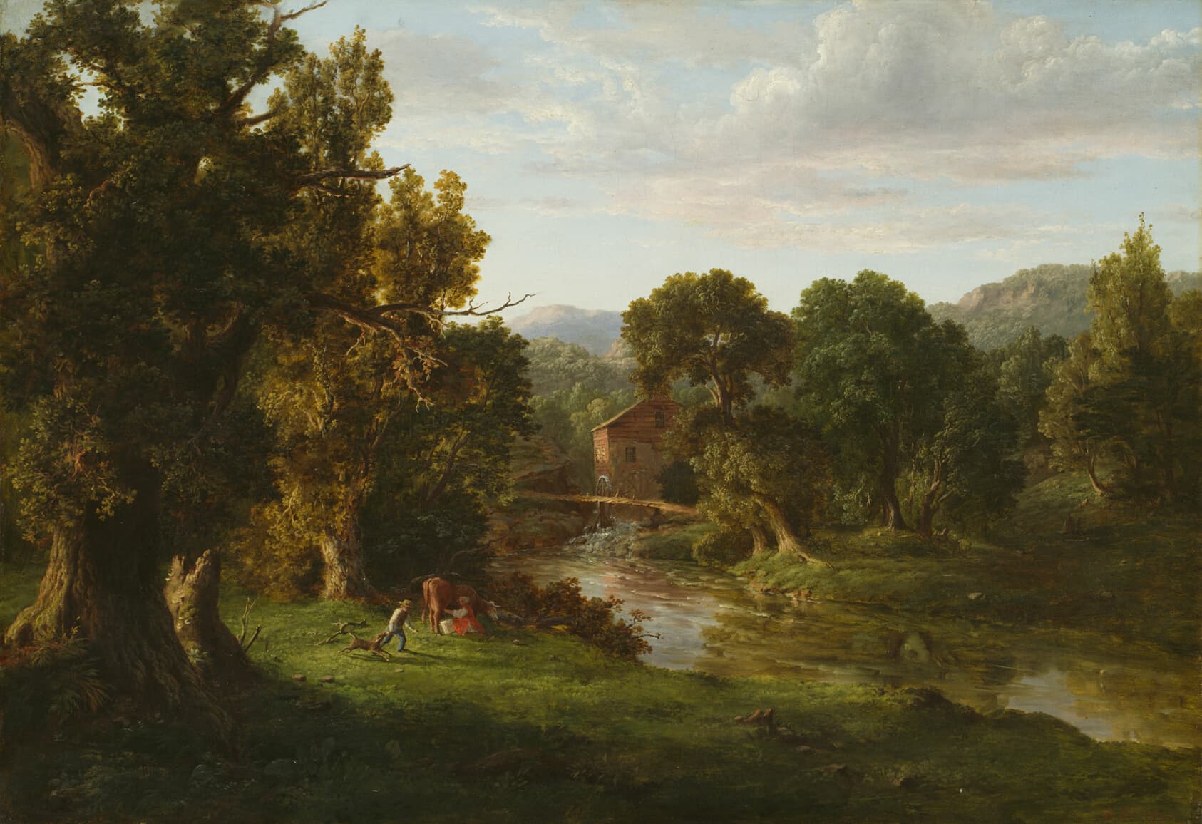 Gemälde „The Old Mill“ von George Inness: eine alte Mühle an einem Bach in warmem, tonalem Licht