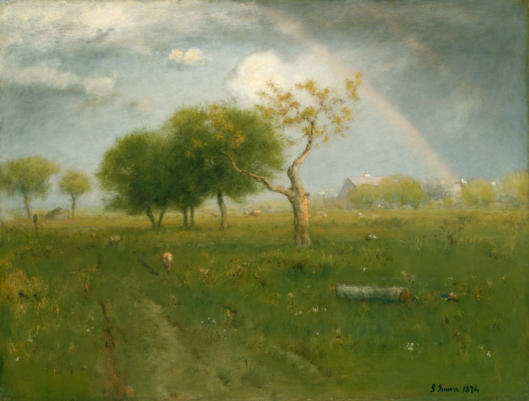 Gemälde „After a Summer Shower“ von George Inness: eine dunstige Landschaft nach dem Regen in gedämpften Grün- und Goldtönen