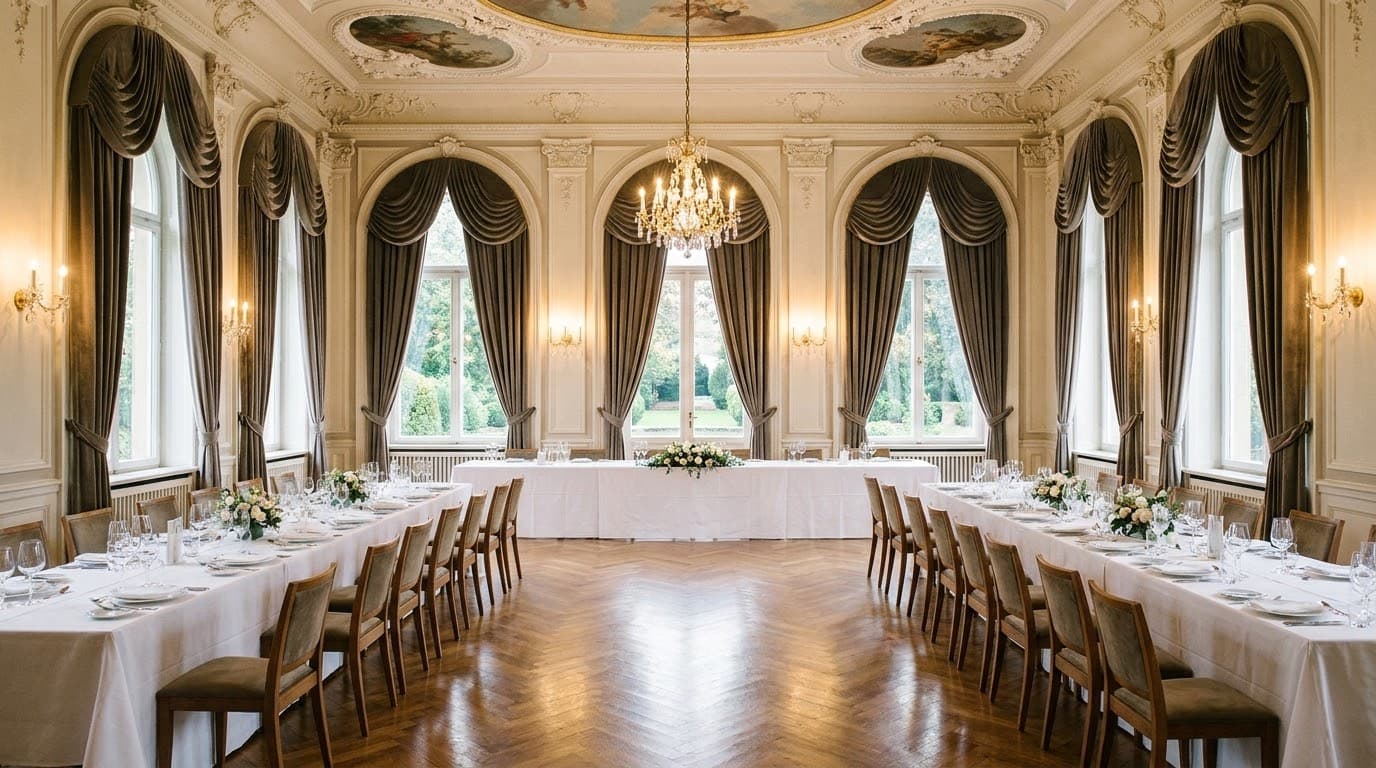 Festlich eingedeckter Bankettsaal der Villa mit hohen Fenstern und Parkettboden
