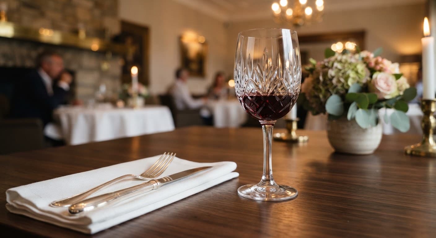 Elegant gedeckter Tisch mit Kristallglas und poliertem Besteck