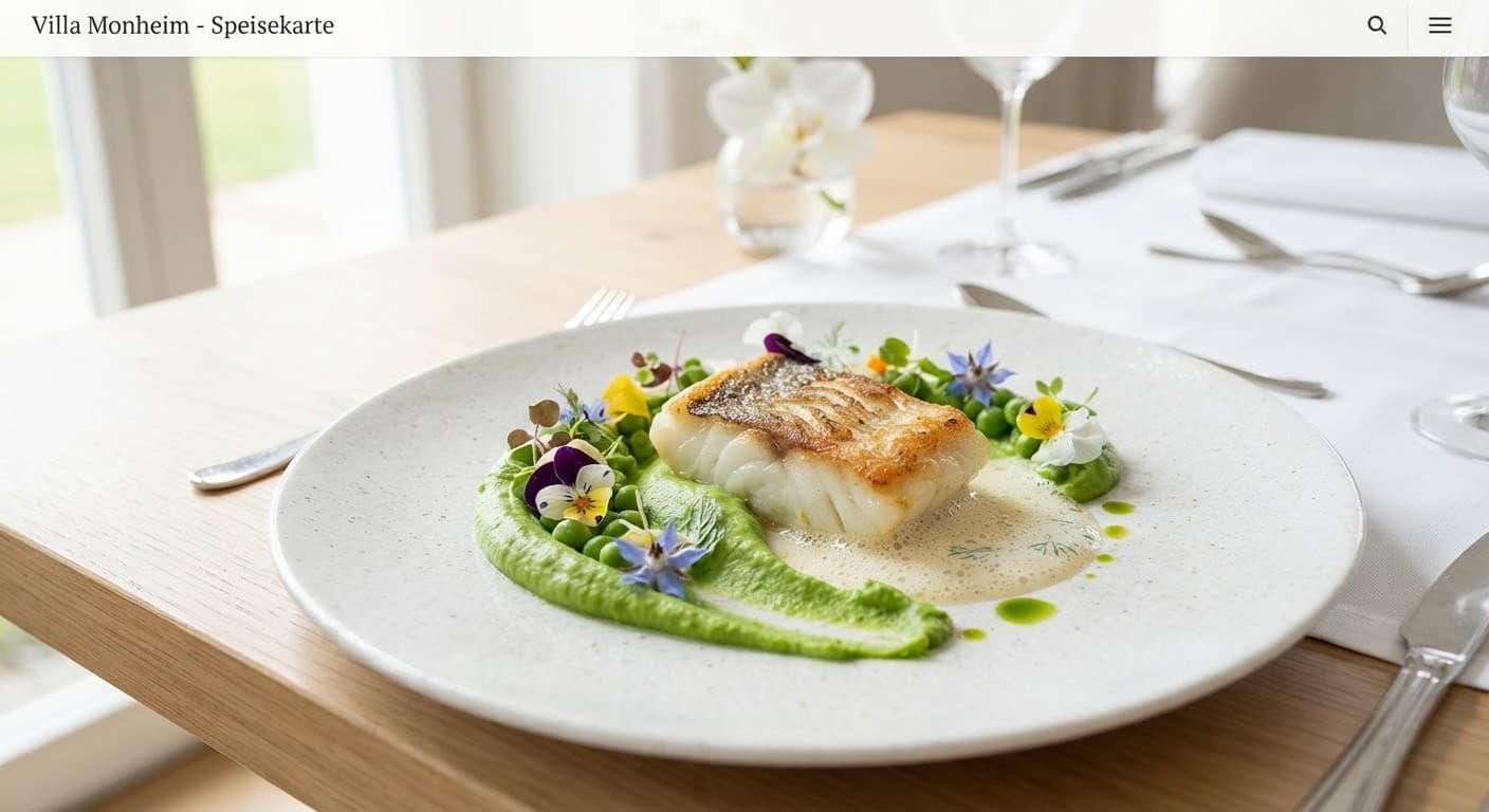 Gegrilltes Fischfilet auf grünem Püree mit essbaren Blüten
